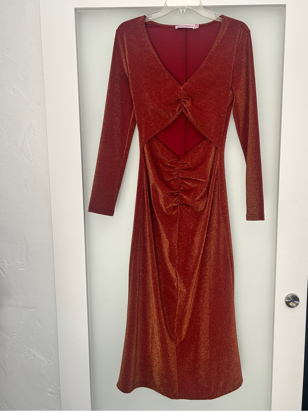 Hansen & Gretel Giuliana sparkle cut out midi dress rust orange red